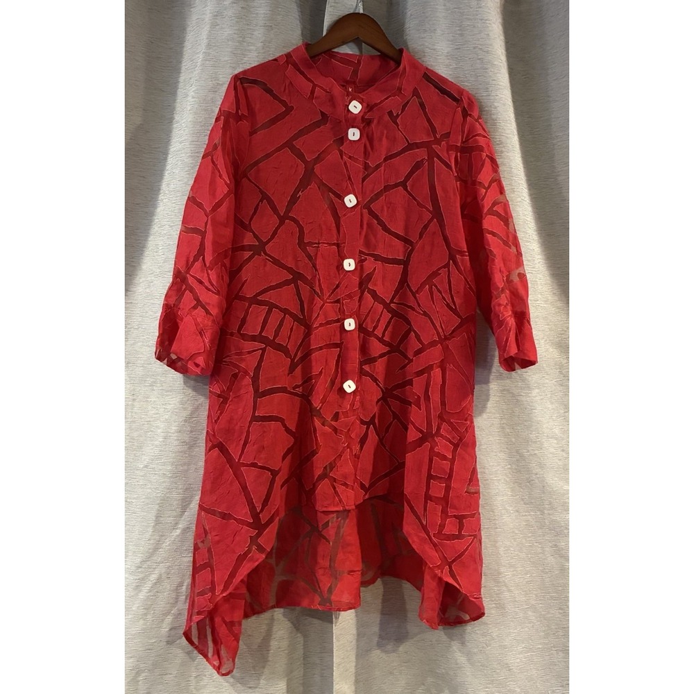 IC Collection Geometric Wearable Art Asymmetric Lagenlook Tunic Jacket Red Small